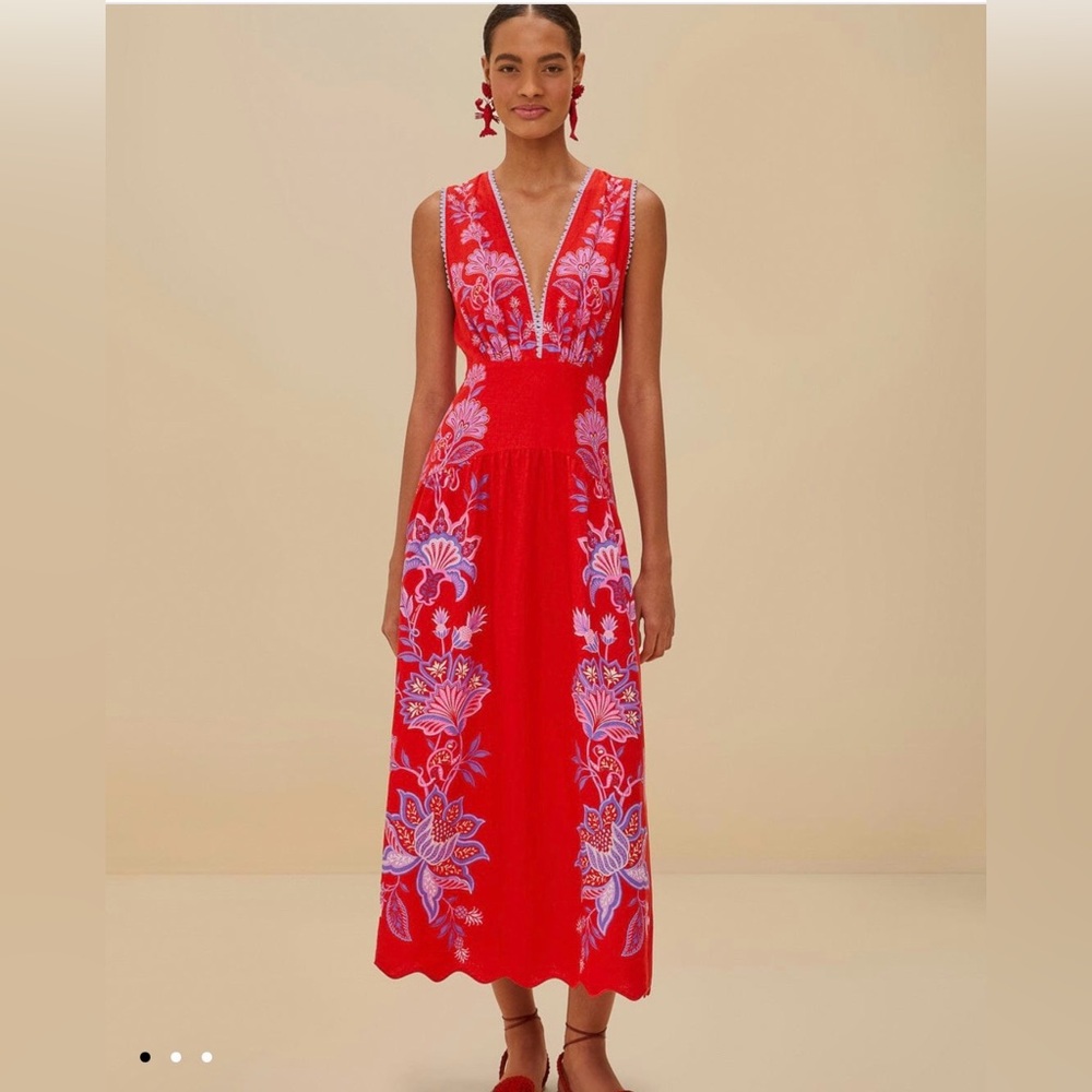 Red Porcelain Garden Euroflax™ Premium Linen Midi Dress - NWT